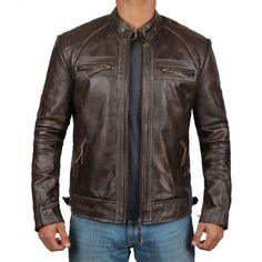 Rugged Leather Jacket With Zipper Closure, Fitted Distressed Brown Biker Jacket, Casual Style, Casual Fitted Distressed Brown Biker Jacket, Casual Distressed Brown Long Sleeve Biker Jacket, Rugged Long Sleeve Biker Jacket, Fitted Rugged Biker Jacket With Zipper, Fitted Rugged Biker Jacket With Zipper Closure, Brown Leather Motorcycle Jacket, Brown Leather Jacket Men