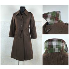 70's Vintage high-quality woolen fabric Women's coat.  Wide seventies collar, elegant shoulders and cuffs.  A fantastic tartan fabric is on the back of the collar and on the details. The coat is in autumn colors. The pockets have a beautiful cut. Long, narrow buttons as a decoration for a coat.  A narrow belt with beveled ends. Quality lining. Comfortable, elegant and in very good condition. The perfect loden for celebrations, special events and everyday wear. Type:   Coat Color:  Brown Size:  like US M. Check measures before buying. Material:  Wool, polyester Flat measurements (centimeters & Inch ) 40 cm  shoulder to shoulder  15.7  inch. 46 cm  armpit to armpit. Pit to pit. 18.1 inch. 71 cm  from neck to end of sleeve  28.0 inch.  40 cm  from armpit to end of sleeve(inside)  15.7 inch. Brown Wool Coat With Lapel Collar For Spring, Vintage Wool Coat For Work, Single Breasted Brown Wool Coat For Spring, Brown Single Breasted Wool Coat For Spring, Brown Single-breasted Wool Coat For Spring, Fitted Brown Wool Coat For Fall, Fitted Vintage Wool Coat For Work, Retro Winter Outerwear For Office, Retro Winter Office Outerwear