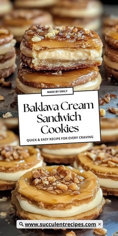 there are many cookies that have been stacked on top of each other with the words, baldwin cream sandwich cookies quick and easy recipe for every crowd