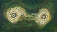 an abstract painting with green and yellow colors on it's surface, including two circles