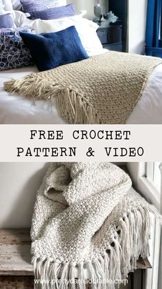 a bed with two blankets and pillows on top of it, the text reads free crochet pattern and video