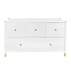 a white dresser with four drawers and two gold handles on the bottom, against a white background