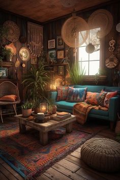 a living room filled with furniture and lots of plants on top of a wooden floor