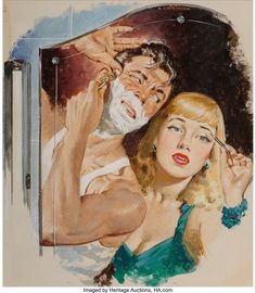 a painting of a man shaving his face next to a woman with long blonde hair