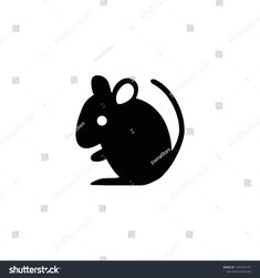 a black and white silhouette of a rat or mouse on a white background, with the word