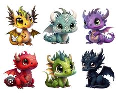 six little dragon figurines are shown in different colors and sizes, including one with large eyes