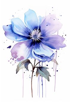 a blue flower with watercolor drops on it