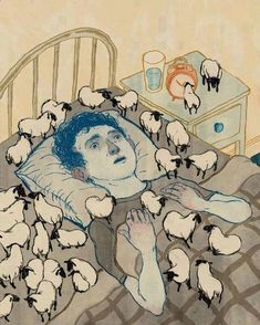 a drawing of a man laying in bed surrounded by sheep