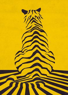 a black and yellow poster with an image of a zebra on it's back