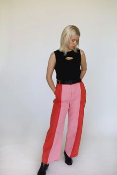 Poppy Pants in Pink Cherry – Sugar Cilantro Summer Color Block Fitted Pants, Fitted Color Block Pants For Summer, High Waist Color Block Bottoms For Spring, Fitted Summer Color Block Pants, Trendy Color Block Pants For Summer, Fitted Red Color Block Bottoms, Wide Leg Color Block Pants For Summer, Summer Color Block Wide Leg Pants, Summer Color Block Wide-leg Pants