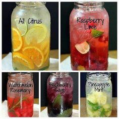 four different types of drinks in mason jars with the names victoria secrets and lemonade