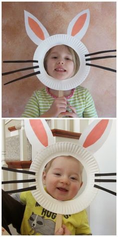 two pictures of a child with paper plates in the shape of bunny ears