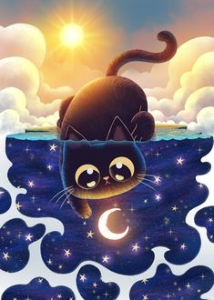 a painting of a black cat floating in the ocean with stars and moon above it