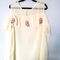 Sheer Peasant Tunic With Embroidered Flowers. Please Note Tag States Size 20 - This Is Uk Sizing. Blouse Is Us 16 Peasant Blouse, Tunic Blouse, Embroidered Flowers, Size 20, Cold Shoulder, Size 16, Top Blouse, Womens Tops, Cream