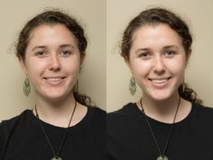 two pictures of a woman smiling and wearing necklaces on her neck, both side by side