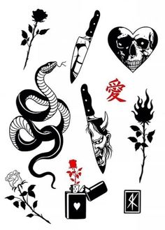 various tattoos with roses and skulls on them, including two knives in the shape of hearts