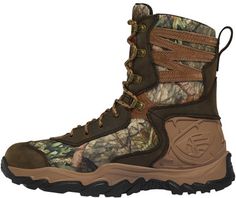 a pair of brown and green boots with camouflage print on the outstratches