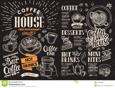 coffee house menu design with hand drawn lettering and doodles on blackboard stock illustration