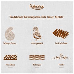 The motifs are used in many ways on the Kanchipuram silk sarees. Motifs play a twin role – of aesthetic appeal, and as a reflection of symbolic meaning.  Many of these symbols are recurrent across art forms – from painting and temple architecture to sculpture, Tamil literature and even dance. Saree Motifs Designs, Tamil Symbols, Indian Motifs Traditional, Saree Branding, Sports Wear Fashion Illustration, Tamil Tattoo, Tamil Art, Tamil Literature, Temple Motifs