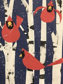 two red birds standing in the woods with white and blue trees behind them, one has yellow eyes