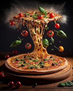 a pizza with toppings falling off of it on a wooden table next to tomatoes and basil