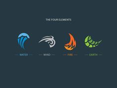 four different logos for the four elements fire, earth, water and fire on a dark background