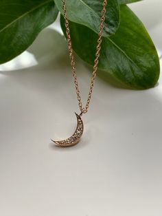 "Dainty Diamond Moon Necklace Pendant in 14k rose gold. This necklace is perfect by itself or or layered. You can wear it day or night. This necklace is versatile and perfect as a gift. Effortlessly trendy and beautiful! Metal14k Rose gold Pure gold / Finish.... polish NecklaceHandmade in USA Diamond weight0.10CT G - VS1 quality *14k rose gold chain included * Chain sizes Available.. 16\", 18\" , 20 inches long" Elegant Moon-shaped Necklace With Delicate Chain, Rose Gold Necklace With Round Moon Charm Pendant, 14k Rose Gold Necklace, Minimalist 14k Rose Gold Necklace, Rose Gold Crescent Necklace With Moon Charm, 14k Rose Gold Necklaces For Gifts, Dainty Rose Gold Jewelry With Moon Charm, 14k Rose Gold Necklace For Gift, Gift Rose Gold Necklace In 14k Rose Gold