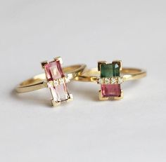 Tourmaline Ring, 18k Gold Unique Diamond Engagement Ring Watermelon Tourmaline Engagement Ring, Pear Sapphire Ring, Coloured Gemstones, Contemporary Rings, Watermelon Tourmaline Ring, Baguette Engagement Ring, Yellow Engagement Rings, Unique Diamond Engagement Rings, Art Deco Diamond Rings