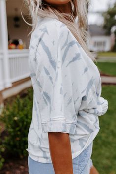 Sparks are sure to fly when you complete your look with this casual white top featuring lightweight material patterned with light blue tie dye, a rounded neckline, short sleeves, and a relaxed silhouette that ends in a straight hemline!  on products  Measurements S variant has  a Bust of 62",  a Hip of 63",  a Length of 24",  a Sleeve Length of 16",  a Waist of 62".  M variant has  a Bust of 64",  a Hip of 65",  a Length of 24",  a Sleeve Length of 16.5",  a Waist of 64".  L variant has  a Bust Light Blue Tie, Blue Ties, Rounded Neckline, Blue Tie, Model Fits, Blue Tie Dye, Women Clothing Boutique, White Top, White Tops