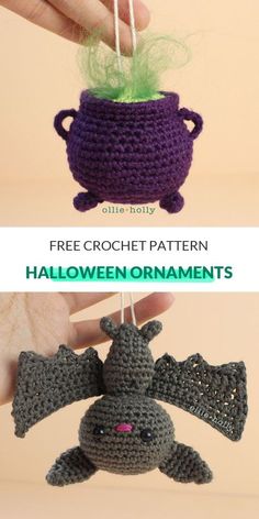 crocheted halloween ornament with a bat hanging from it's side