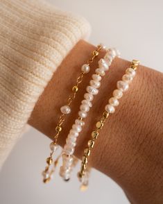 Gold Plated and Freshwater Pearl Beaded Chain Bracelet Real Freshwater Pearls Length: approx. 6 - 8 inches (adjustable) 18 Gold Electroplated This bracelet is made with a real freshwater pearls, therefore each pearl is unique and no two bracelet are alike. Pearl And Gold Bead Bracelet, Gold Beaded Bracelets Stack, Jewlery Aesthetic, Pearl Bracelet Stack, Bracelets Pearls, Pearl Bead Bracelet, Hoco 2024, Beaded Chain Bracelet, Real Pearl Bracelet