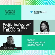 a poster for the blockchain event with two people on it and one person wearing glasses