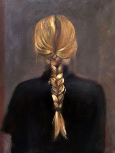 a painting of a woman's back with braids in her hair and wearing a black shirt