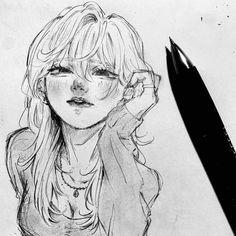 a pencil drawing of a girl with long hair and glasses holding her hand up to her face