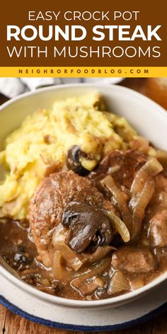 This Easy Slow Cooker Round Steak Recipe is a hearty, flavorful beef recipe for dinner! Tender steak and mushrooms cooked perfectly, offering a simple, savory dish. This Slow Cooker Steak and Mushroom is a must-try main course idea! Crock Pot Round Steak, Tenderized Round Steak Recipes, Crockpot Round Steak Recipes, Mushrooms Gravy, Top Round Steak Recipes, Tenderized Round Steak, Steak With Mushrooms, Crockpot Steak Recipes, Steak Mushrooms