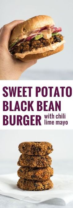 a hand holding up a sandwich with black bean burgers on it and the words sweet potato black bean burger