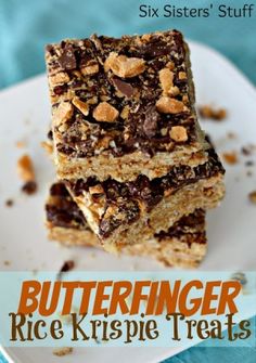 three pieces of butterfingerer rice krispie treats stacked on top of each other