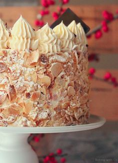 a close up of a cake with frosting and toppings on a white plate