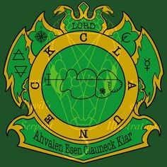 an emblem with the words and symbols in green, yellow and gold on a dark green background