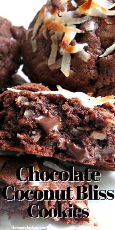 chocolate coconut bliss cookies stacked on top of each other