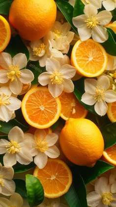 oranges and white flowers are arranged on top of each other with green leaves in the middle