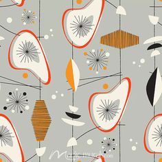 an abstract pattern with orange, white and black shapes on grey background vinyl wall mural - art