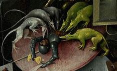 an image of a painting with lizards on the surface and people in the background looking at them