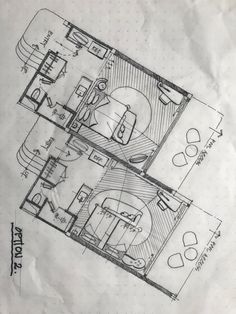 two plans for a bedroom and bathroom are shown in this drawing, which shows the floor plan