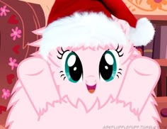 a pink pony with a santa hat on it's head and big blue eyes