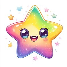 a cartoon star with eyes and stars around it's face, on a white background