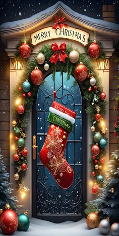 a christmas door decorated with ornaments and stockings for the holiday season is pictured in this image