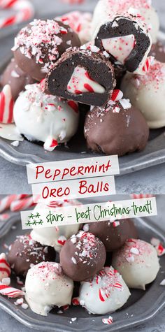 peppermint oreo balls with white and red sprinkles on top