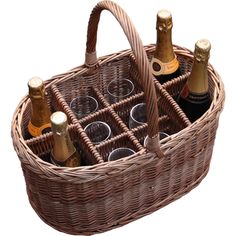 a wicker basket filled with bottles of champagne