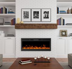 a living room with a fire place and books on the shelves in front of it